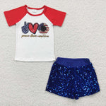 GSSO0283 Summer July 4th National Day Peace Love America Sequin Blue Shorts 2 Pcs Girl's Set