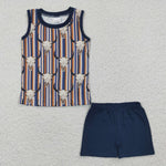 BSSO0217 Western Stripe Blue Sleeveless Boy's Shorts Set