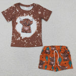 BSSO0199 Cow Brown Cactus Boy's Shorts Set