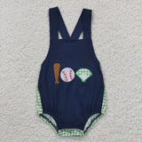 SR0272 embroidery Baseball Blue Green Plaid Baby Boy's Romper