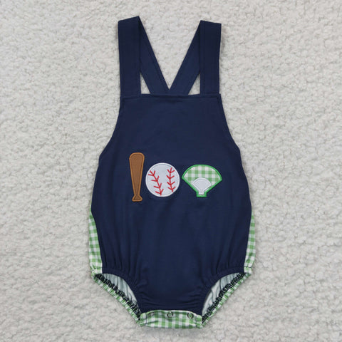 SR0272 embroidery Baseball Blue Green Plaid Baby Boy's Romper