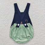 SR0272 embroidery Baseball Blue Green Plaid Baby Boy's Romper