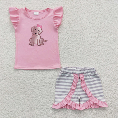 GSSO0223 Embroidery Dog Pink Stripe Girl's Shorts Set