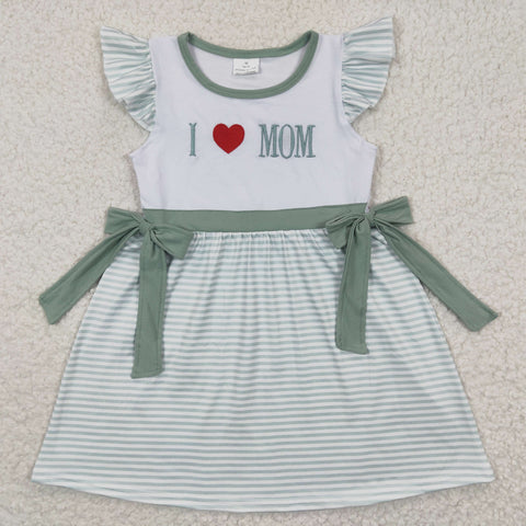 GSD0257 Embroidery I love mom Green Stripe Bow Cute Girl's Dress