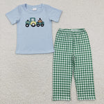 BSPO0089 embroidery Farm Cow Car Green Plaid Boy's Set