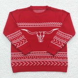 BT0218 Western Skull Bull Red Knit Sweater