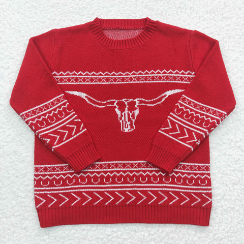 BT0218 Western Skull Bull Red Knit Sweater