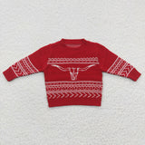 BT0218 Western Skull Bull Red Knit Sweater