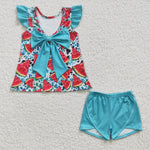 SALE GSSO0137 Summer Watermelon Blue Leopard Bow Girl's Shorts Set