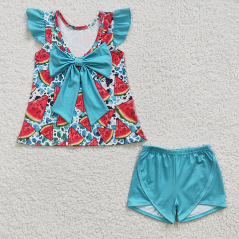 SALE GSSO0137 Summer Watermelon Blue Leopard Bow Girl's Shorts Set