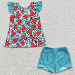 SALE GSSO0137 Summer Watermelon Blue Leopard Bow Girl's Shorts Set