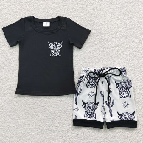 BSSO0209 Embroidery Cow Cactus Black Boy's Shorts Set