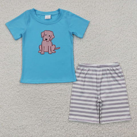 BSSO0214 Embroidery Blue Dog Stripe Boy's Shorts Set
