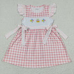 GSD0276 Embroidery Happy Birthday Pink Plaid Bow Girl's Dress