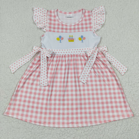 GSD0276 Embroidery Happy Birthday Pink Plaid Bow Girl's Dress