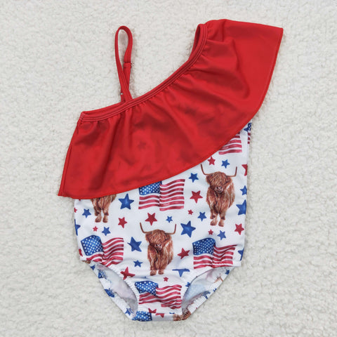 S0101 Summer National day flag Cow Red Girl's Swimsuit Onesie