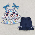 GSSO0218 Summer Mouse Cartoon Dark Blue Ruffles Girl's Shorts Set