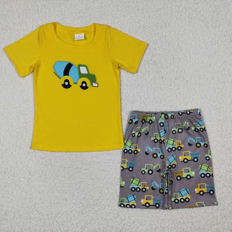 BSSO0186 Embroidery Car Yellow Boy's Shorts Set