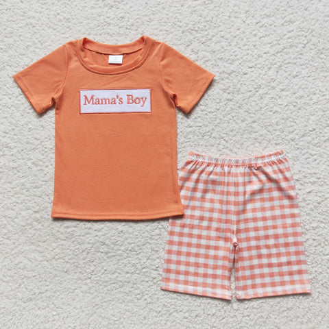 BSSO0228 Embroidery Mama's boy Orange Boy's Shorts Set