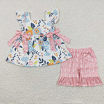 GSSO0241 Boutique Flower Pink Bow Girl's Shorts Set