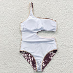 S0129 Summer Western Cow Brown Girl's Swimsuit Onesie