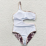 S0129 Summer Western Cow Brown Girl's Swimsuit Onesie
