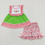 SALE GSSO0179 Embroidery Summer Watermelon Pink Green Girl's Shorts Set