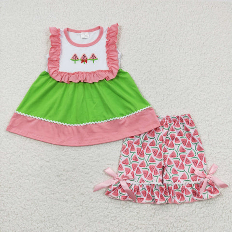 SALE GSSO0179 Embroidery Summer Watermelon Pink Green Girl's Shorts Set