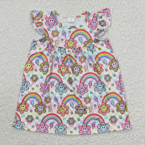 GSD0324 Rainbow Sun Smiley face Plaid Girl's Dress