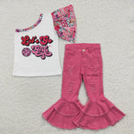 GSPO0594 Fashion Let's go girls Pink Jeans 2 Pcs Girl's Set