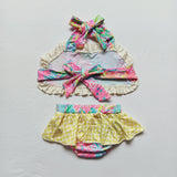 Girl summer floral yellow plaid two piece swimsuit Bikini