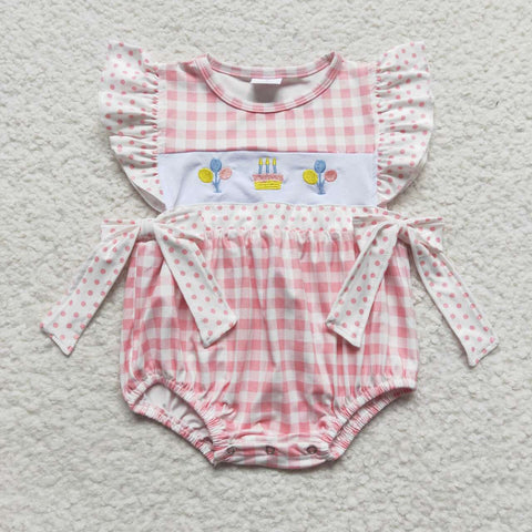 SR0269 Embroidery Happy Birthday Pink Plaid bow Baby Cute Girl's Romper