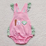 SR0271 embroidery Baseball Pink Green Plaid Baby Cute Girl's Romper