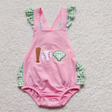 SR0271 embroidery Baseball Pink Green Plaid Baby Cute Girl's Romper