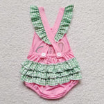 SR0271 embroidery Baseball Pink Green Plaid Baby Cute Girl's Romper