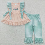 GSPO0447 embroidery Farm Cow Car Pink Bow Green Plaid Girl's Set