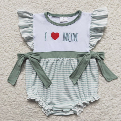 SR0237 Embroidery I love mom Green Stripe Baby Cute Girl's Romper