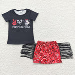 GSD0302 Peace Love Cows Black Red Tassel Skirt Girl's Set