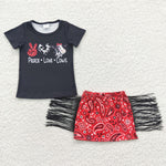 SALE GSD0302 Peace Love Cows Black Red Tassel Skirt Girl's Set