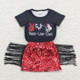 SALE GSD0302 Peace Love Cows Black Red Tassel Skirt Girl's Set