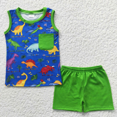 BSSO0234 Dinosaur Green Sleeveless Boy's Shorts Set