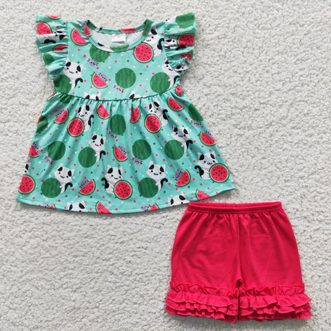 C9-5 Summer Watermelon Pink Green Girl Shorts Set