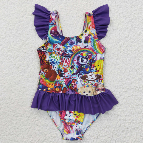 S0041 Cartoon Colorful Tiger Purple Girl's Swimsuit