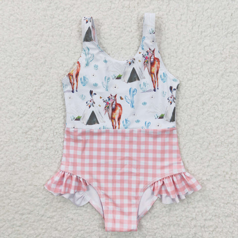 S0118 Summer Western Horse Cactus Pink Plaid Girl's Swimsuit