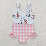 S0118 Summer Western Horse Cactus Pink Plaid Girl's Swimsuit