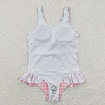 S0118 Summer Western Horse Cactus Pink Plaid Girl's Swimsuit