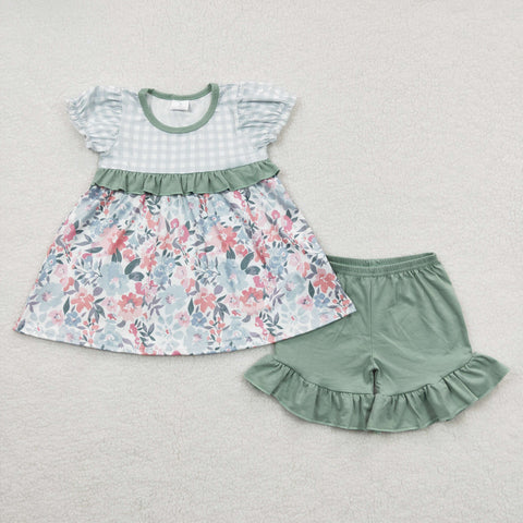 GSSO0247 Summer Mint Plaid Flower Girl's Shorts Set