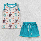 BSSO0208 Horse riding Blue Green Boy's Shorts Set