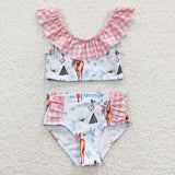 S0117 Summer Western Horse Cactus Pink Plaid Girl's Swimsuit