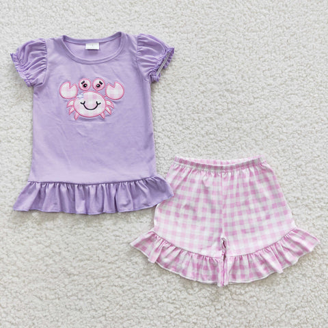 SALE GSSO0135 Embroidery Summer Purple Crab Pink Plaid Girl's Shorts Set